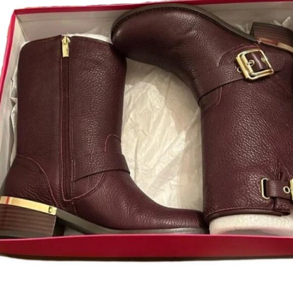 Vince Camuto Motorcycle Heeled Boots Leather Round Toe Mid-Calf Belt Design W 7m - Picture 2 of 7